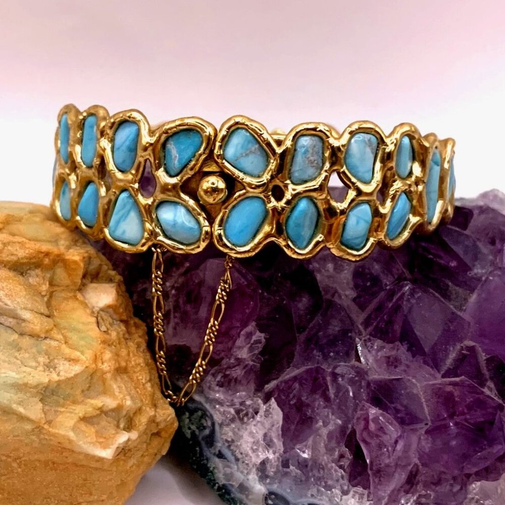 Rough Cut Turquoise Gold Over Sterling Silver Vintage Hinged Bangle Bracelet J79